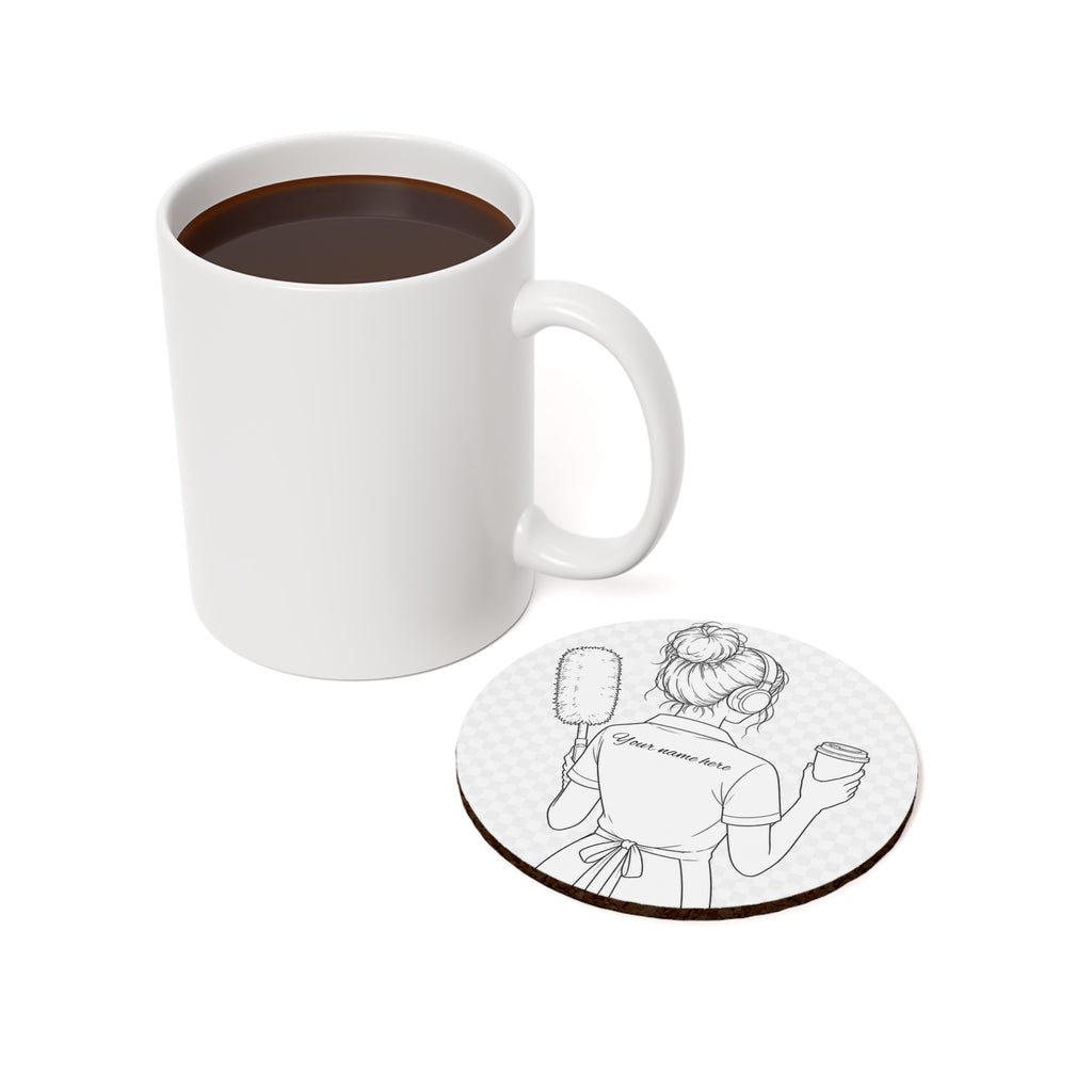 Cork Coaster — Personalized Maid Illustration with Coffee (Custom Name)