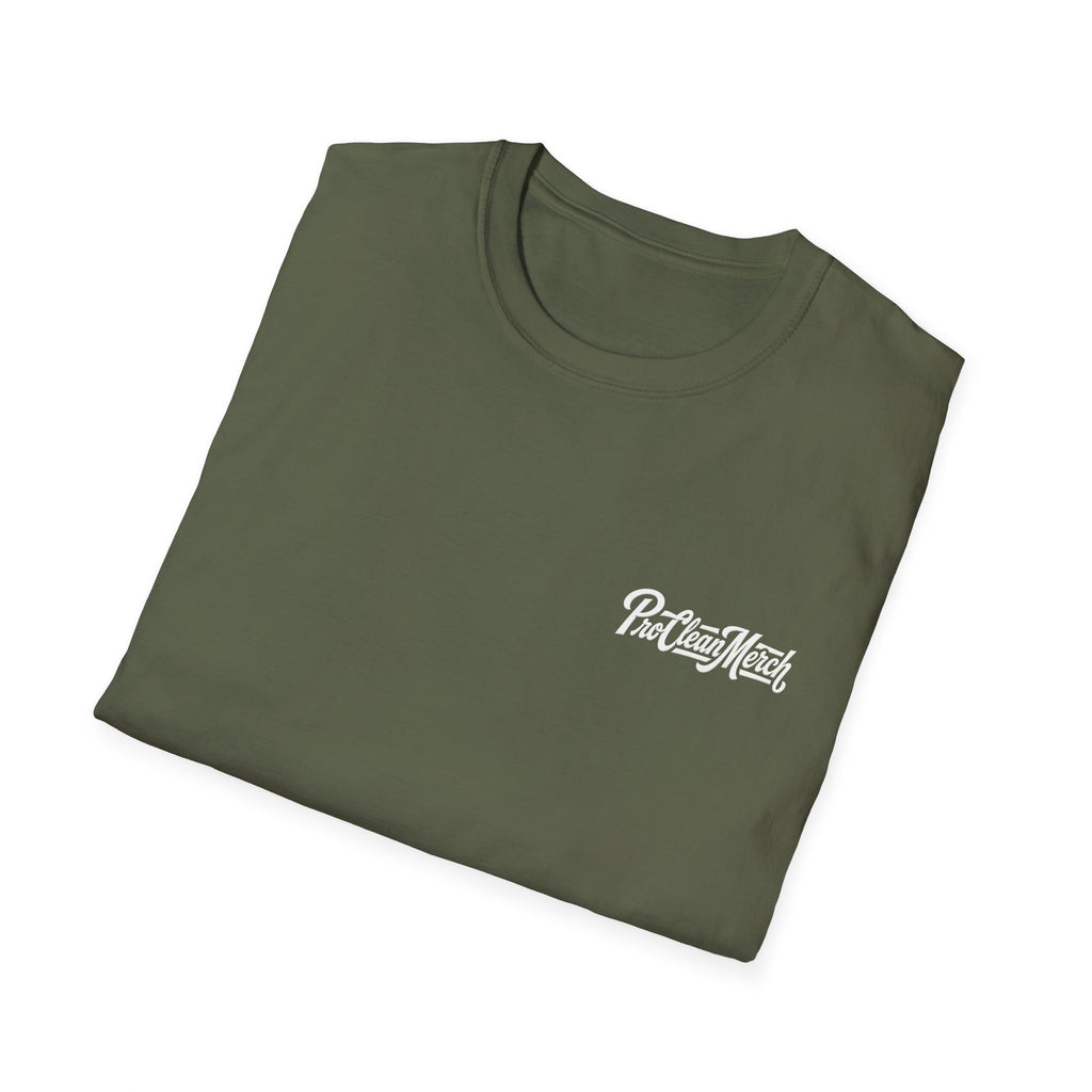 T-Shirt — Casual Olive Graphic Tee with 'Pro Clean Merch' Script Logo