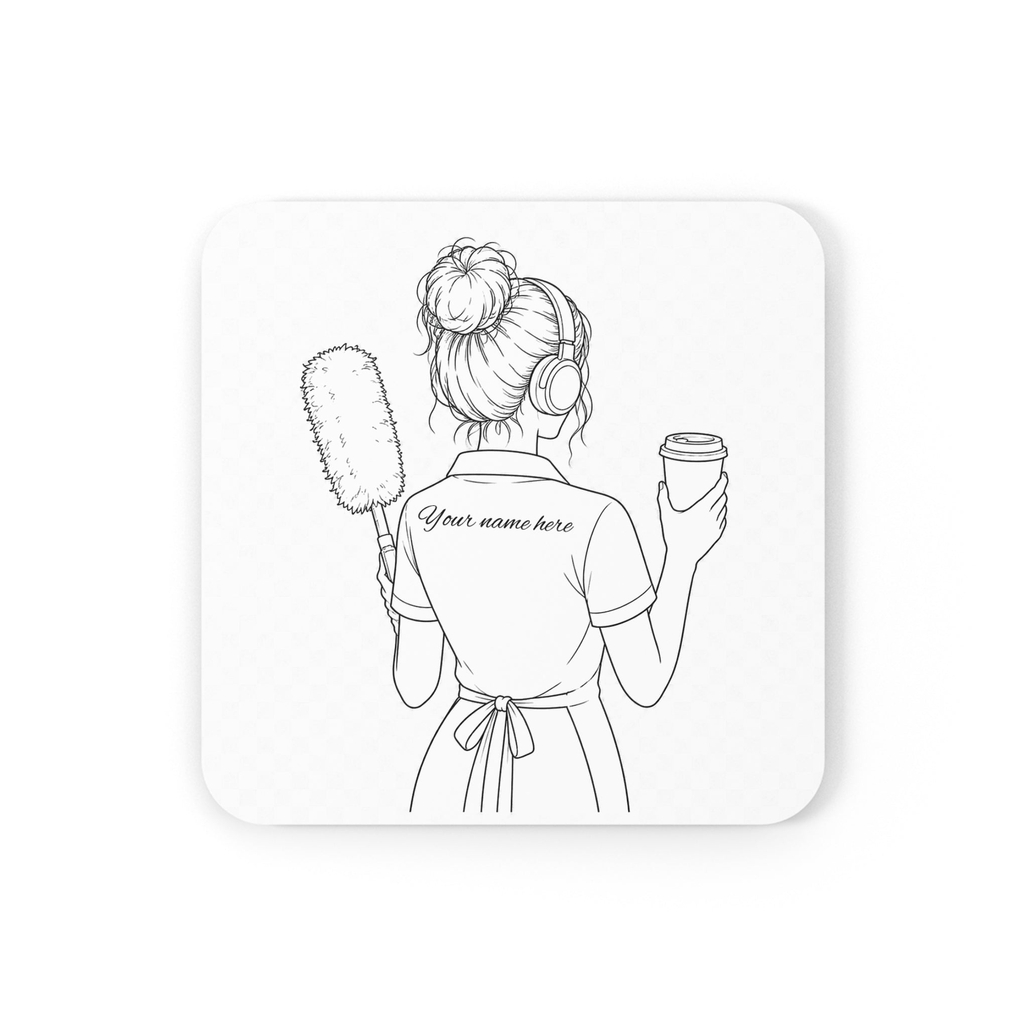 Cork Coaster — Personalized Maid Illustration with Coffee (Custom Name)
