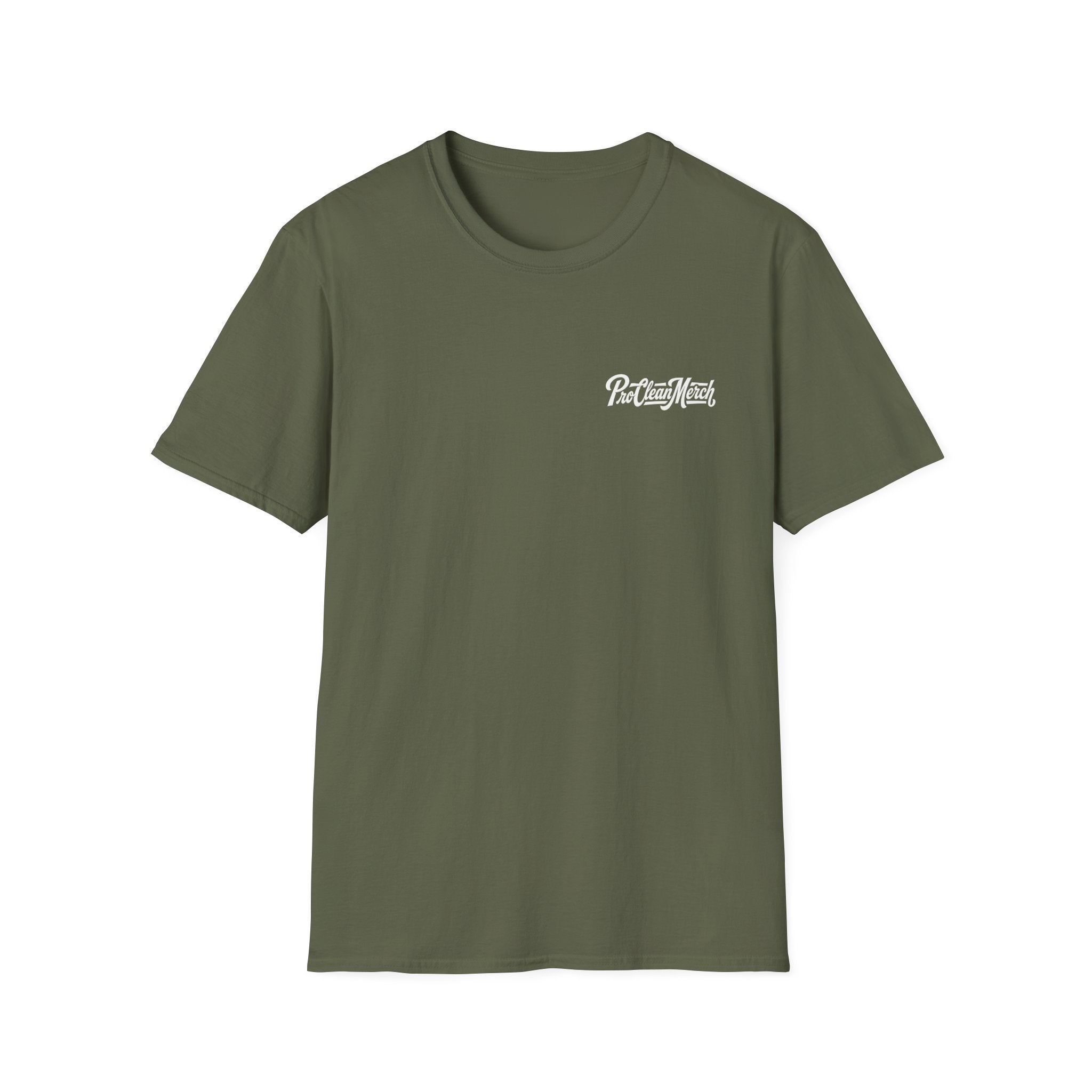 T-Shirt — Casual Olive Graphic Tee with 'Pro Clean Merch' Script Logo