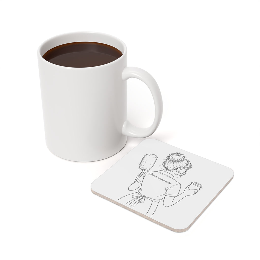 Cork Coaster — Personalized Maid Illustration with Coffee (Custom Name)